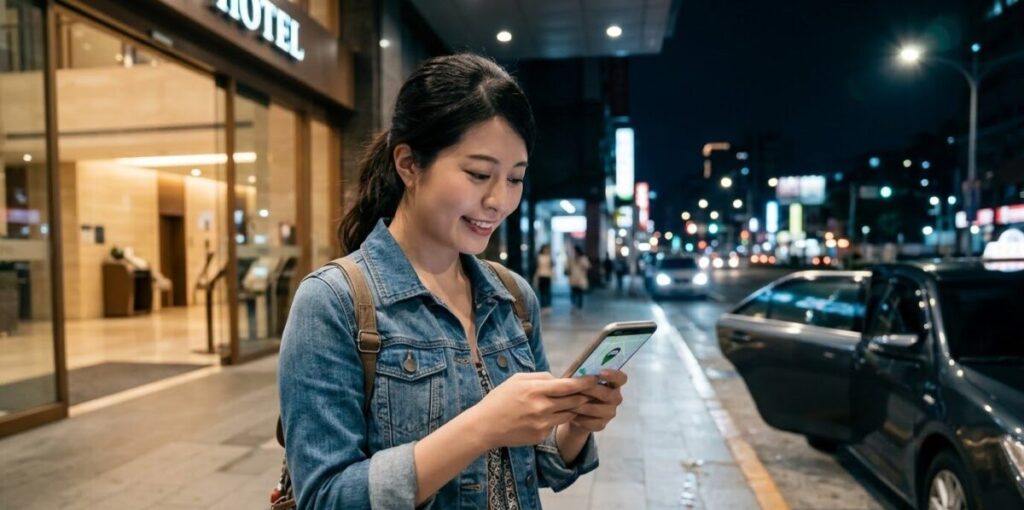 配車アプリを活用してホテルへ帰還